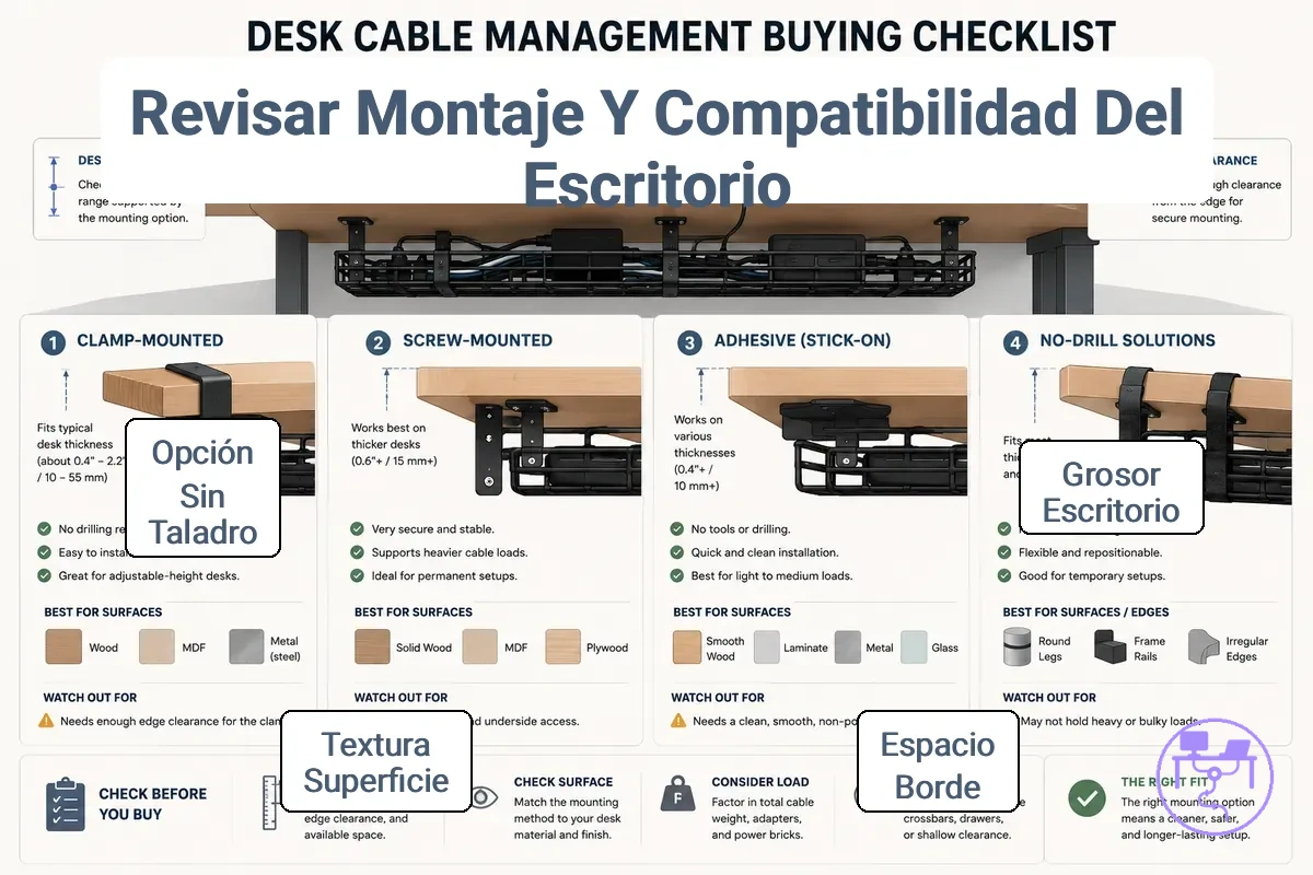 Revisión de compatibilidad entre la superficie del escritorio y el método de montaje