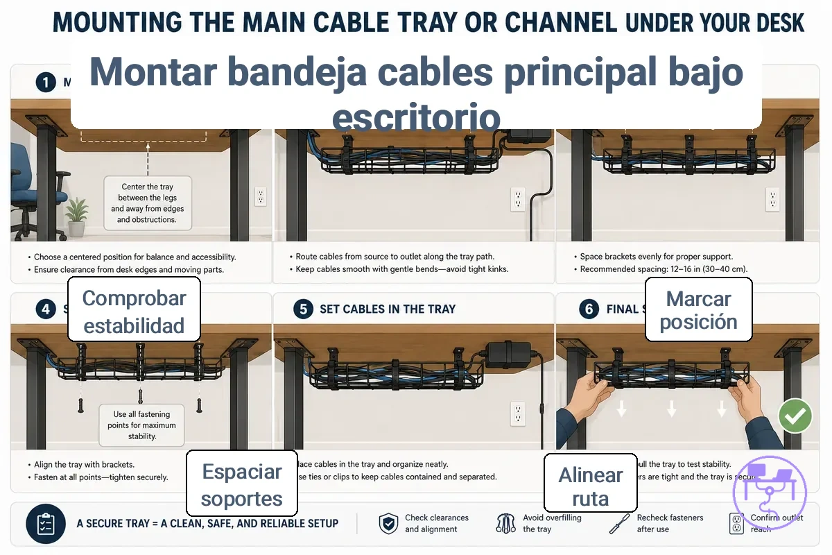 Posición de montaje de la bandeja o canal principal debajo de un escritorio