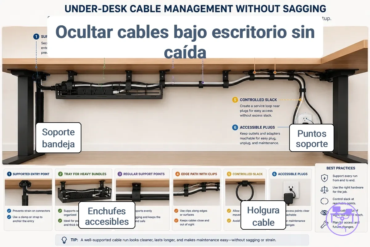 Puntos de soporte de cables bajo el escritorio y gestión de holgura