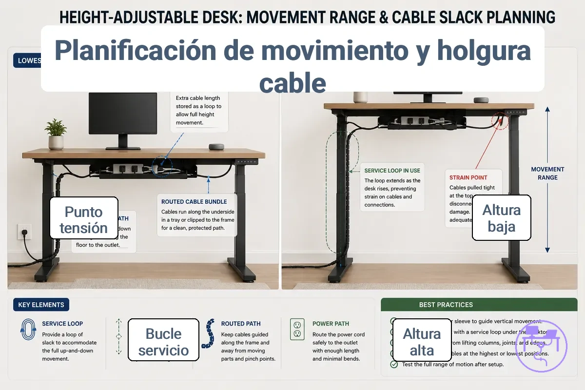 diagrama de holgura de cables de escritorio elevable que muestra la altura de sentado y de pie
