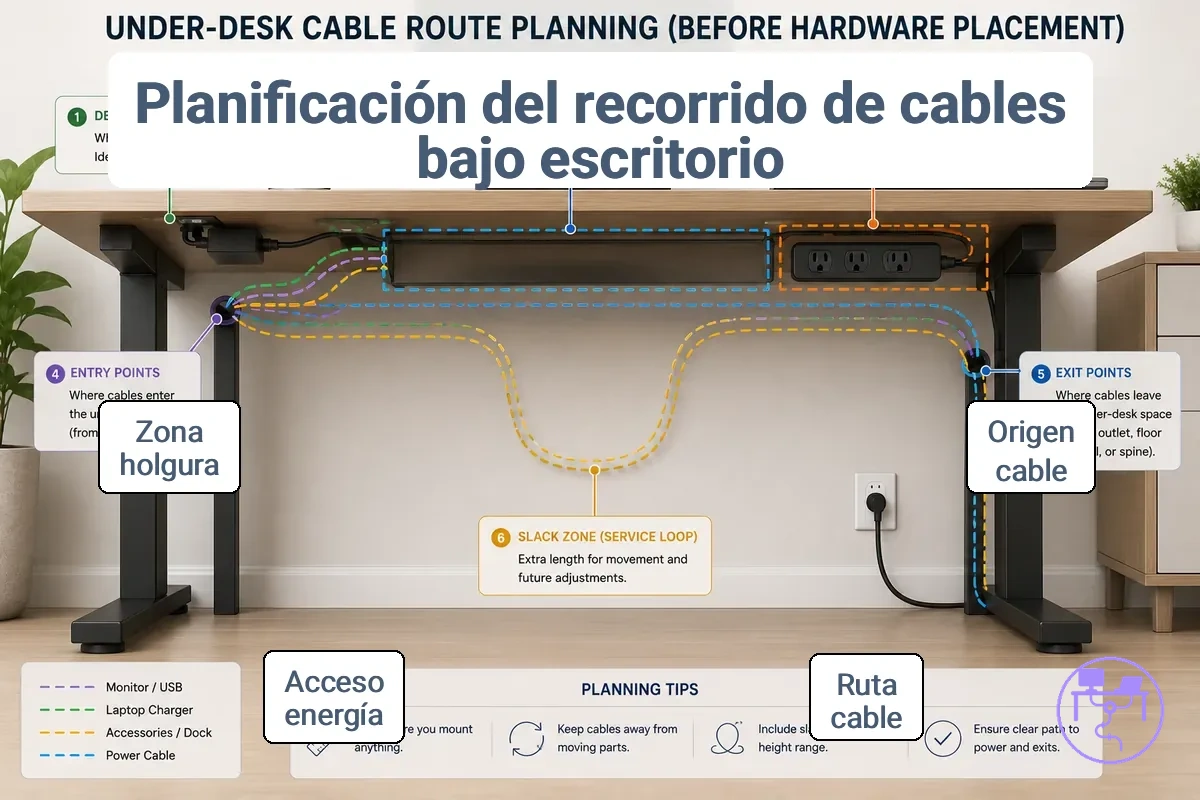 Planificación de la ruta de cables debajo del escritorio que muestra orígenes de cables, trayectoria de la ruta, área de la regleta, puntos de salida y holgura