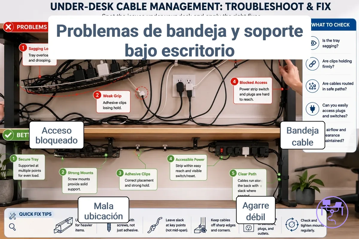 Problemas de bandejas y soportes para cables del escritorio que afectan al soporte y al acceso