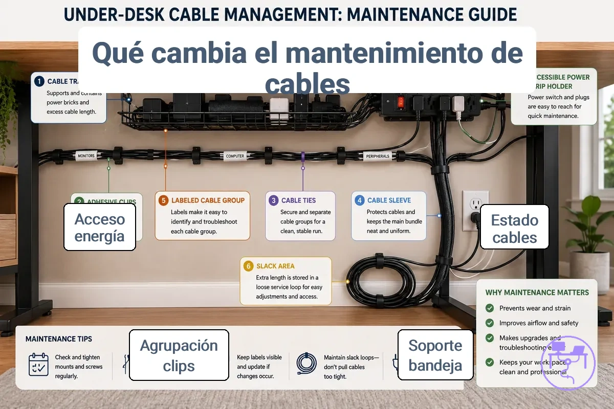 instalación de mantenimiento de gestión de cables para escritorio anotada que muestra bandeja, pinzas, bridas, etiquetas, funda, holgura y soporte de regleta