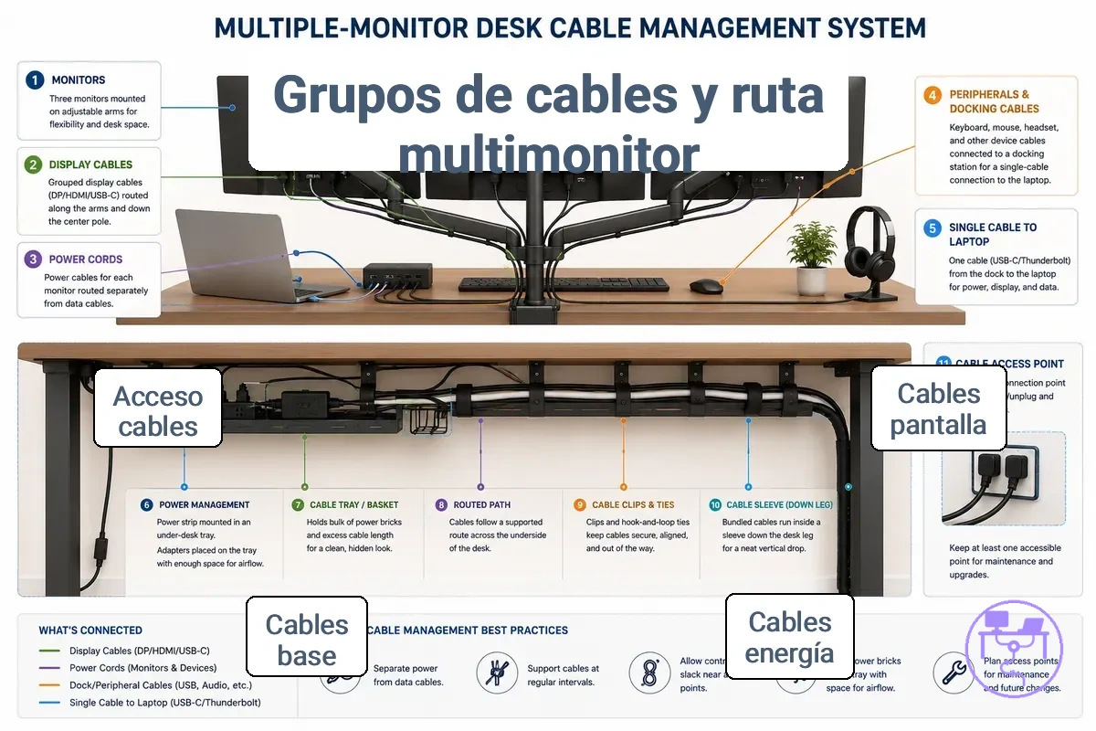 Sistema de gestión de cables para varios monitores que muestra grupos de cables de pantalla, alimentación, periféricos y acoplamiento enrutados hacia un área debajo del escritorio
