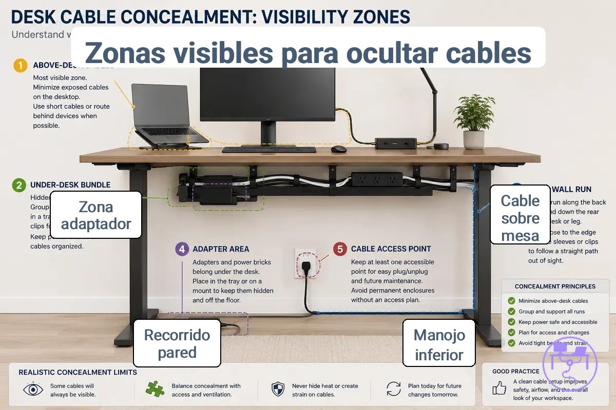 Zonas de visibilidad anotadas para la ocultación de cables del escritorio