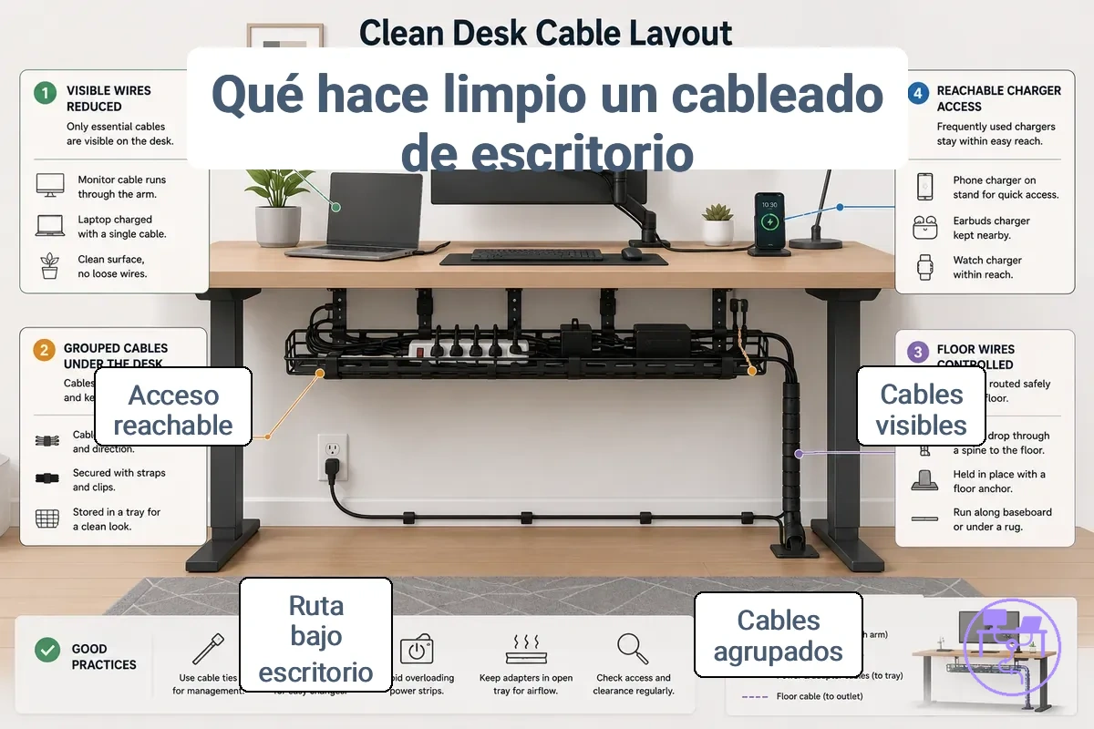 Diseño de cables de escritorio con enrutamiento organizado y conexiones accesibles