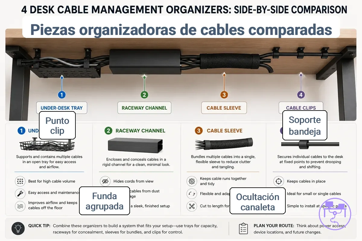 Qué hacen las bandejas, canaletas, fundas y clips con los cables del escritorio, mostrado con roles de organizador etiquetados