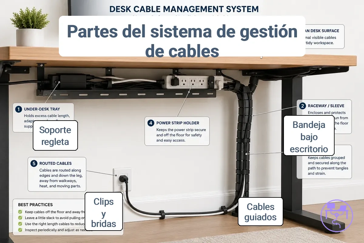 Partes principales dentro de un sistema de gestión de cables para escritorio bajo una estación de trabajo.