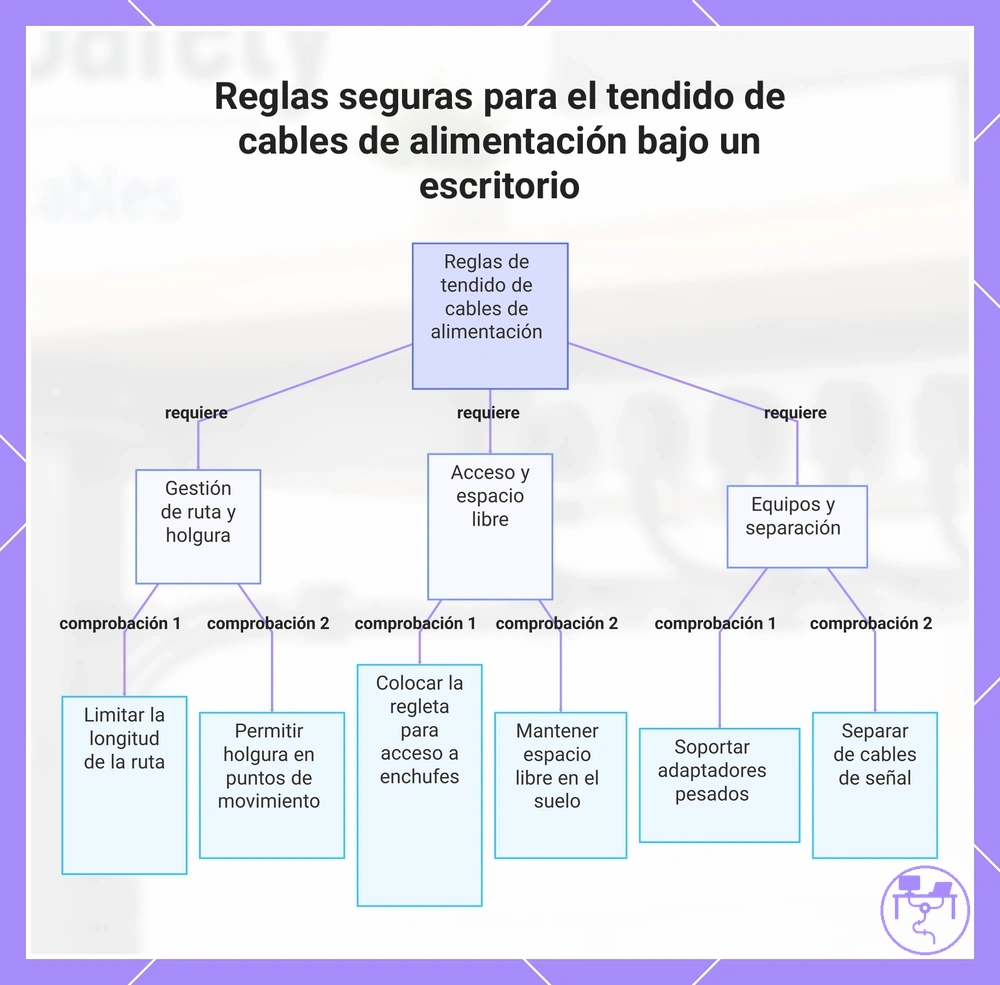 Reglas seguras para el tendido de cables de alimentación bajo un escritorio