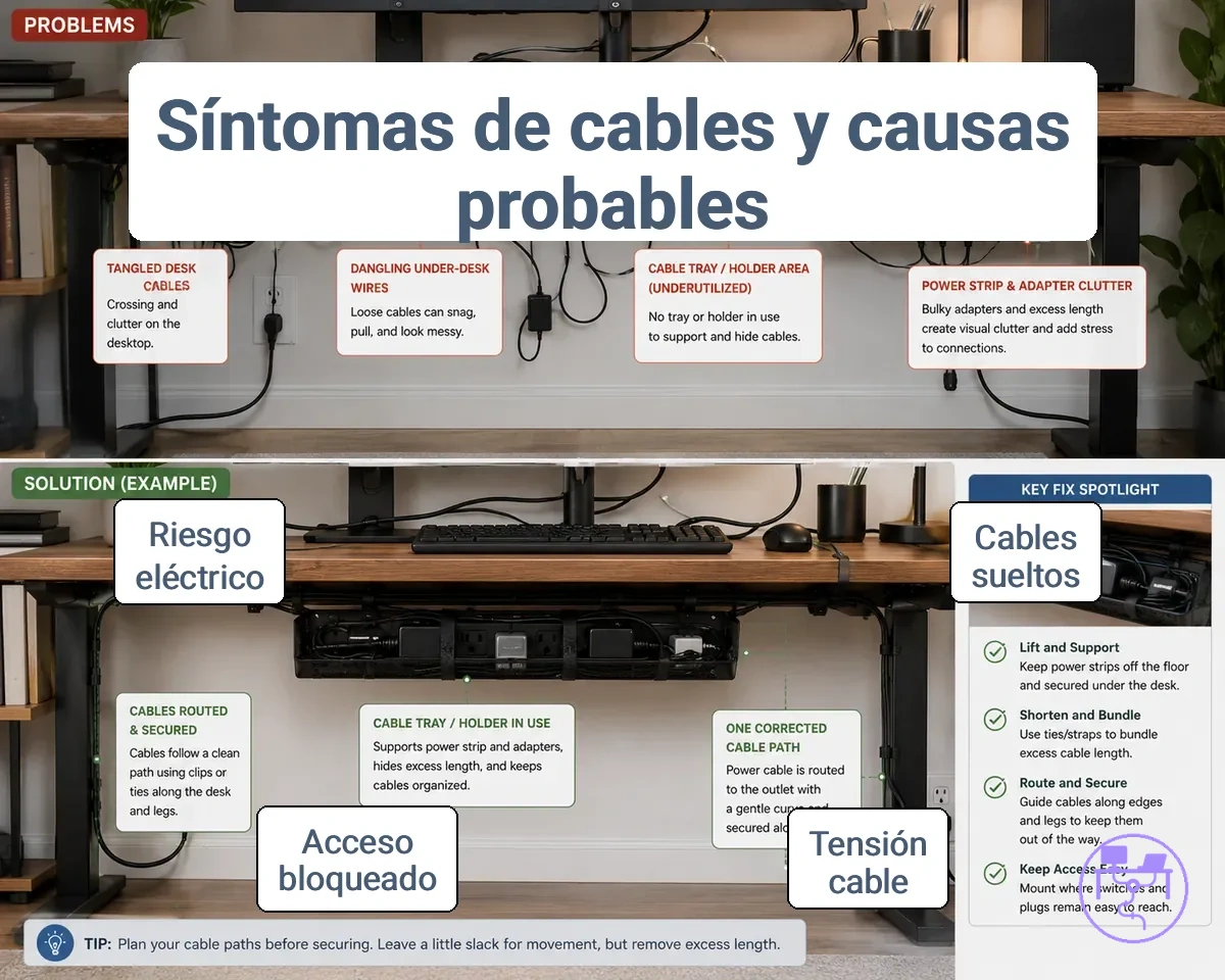 Síntomas visibles de mala gestión de cables del escritorio con cables enredados y cables colgantes debajo del escritorio