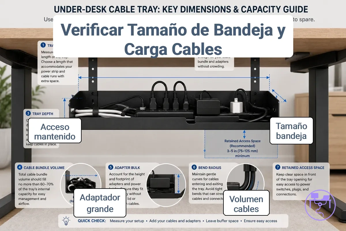 Dimensiones de la bandeja de cables y consideraciones sobre la capacidad del conjunto de cables debajo de un escritorio