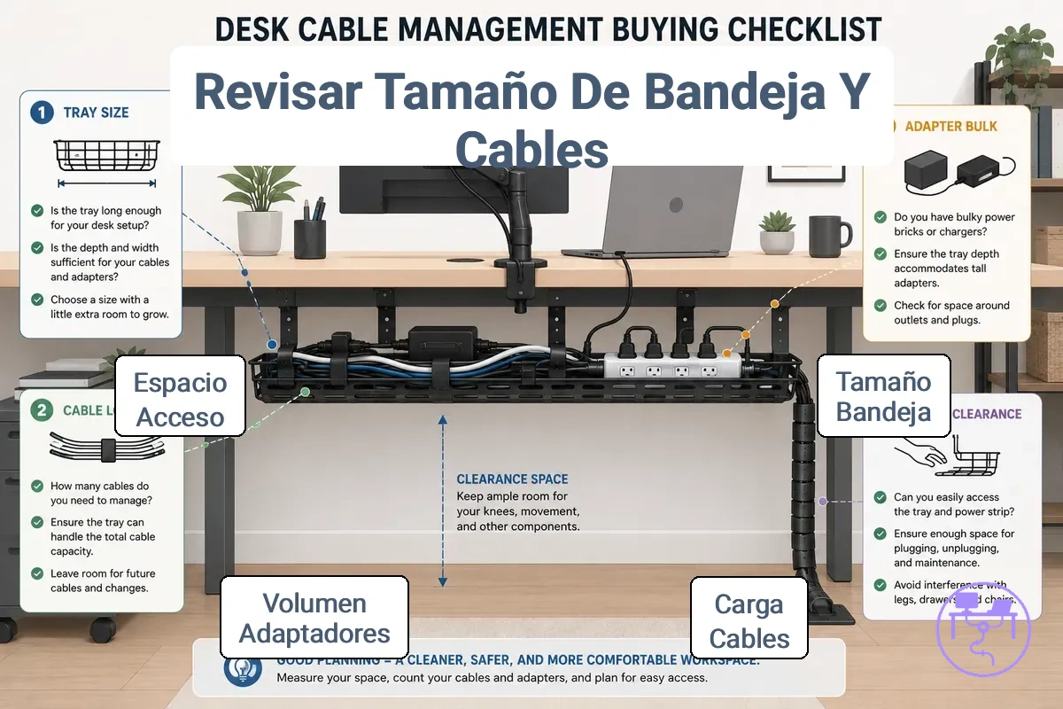 Evaluación de la capacidad de la bandeja bajo el escritorio para cables y adaptadores