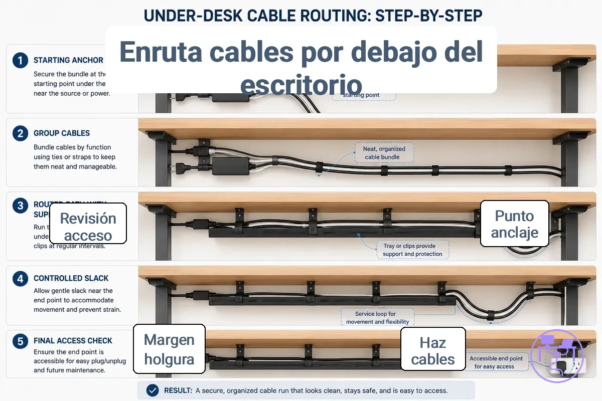 Proceso paso a paso del tendido de cables por debajo del escritorio que muestra el punto de anclaje, el haz de cables soportado y el margen de holgura