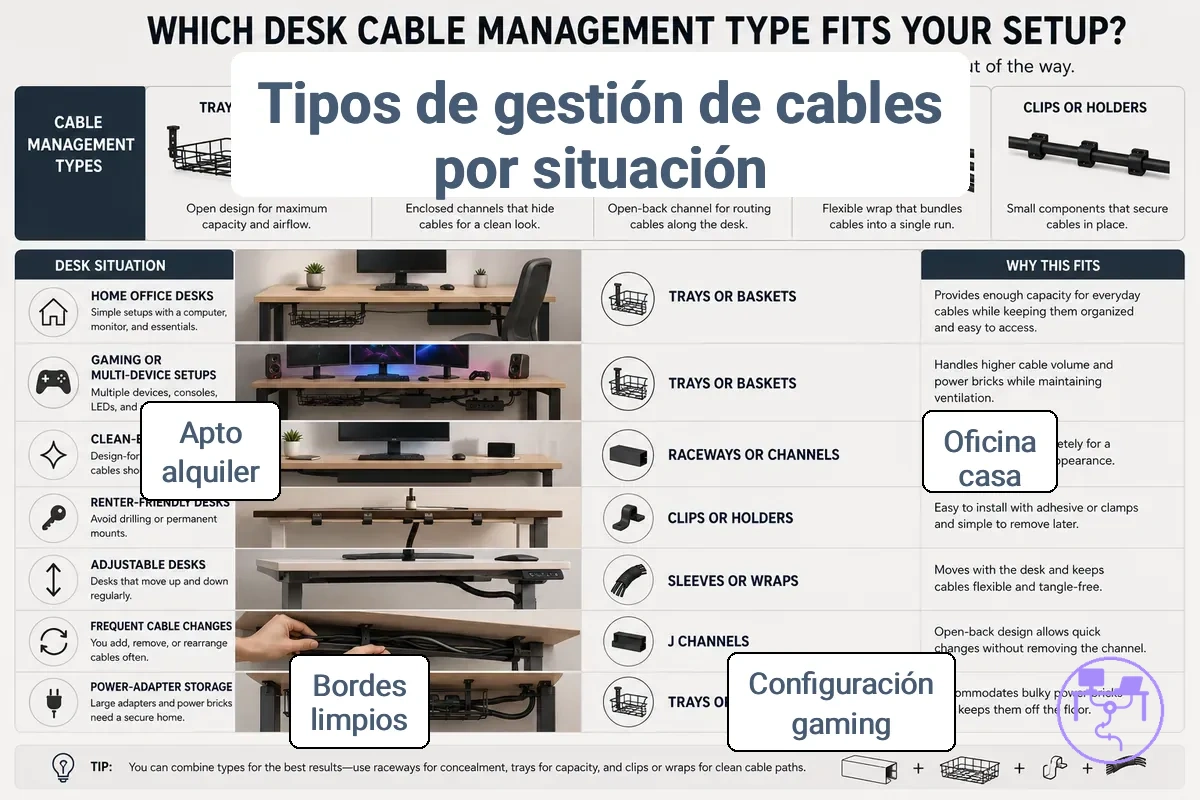 Situaciones de escritorio emparejadas con tipos de gestión de cables