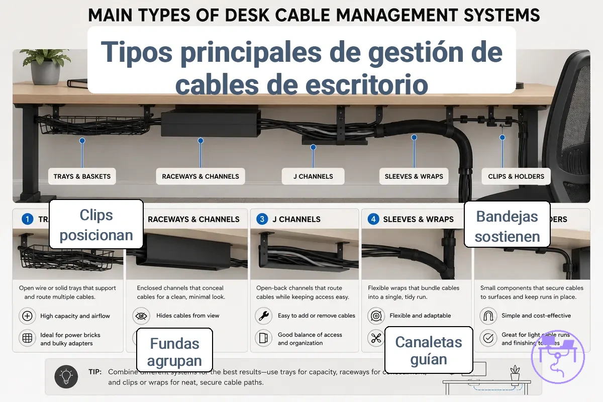 Comparación de familias de tipos de sistemas de gestión de cables para escritorio