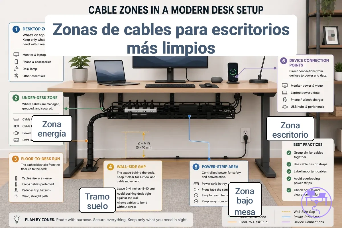 Zonas de cables en un escritorio que incluyen la superficie, la parte inferior y las áreas de conexión