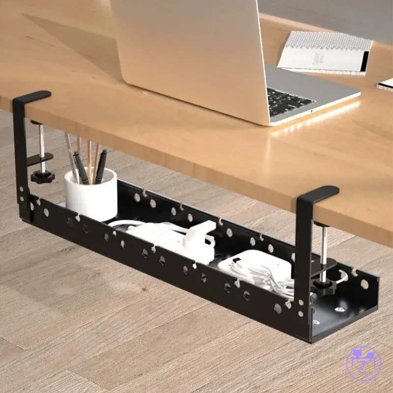 Panier câbles en fer sous bureau avec fixation par serre-joint et support de multiprise