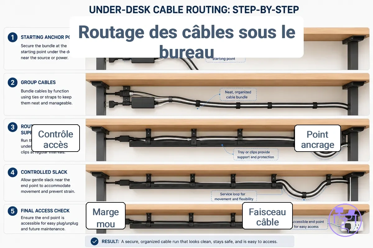 Acheminer cables le long dessous bureau