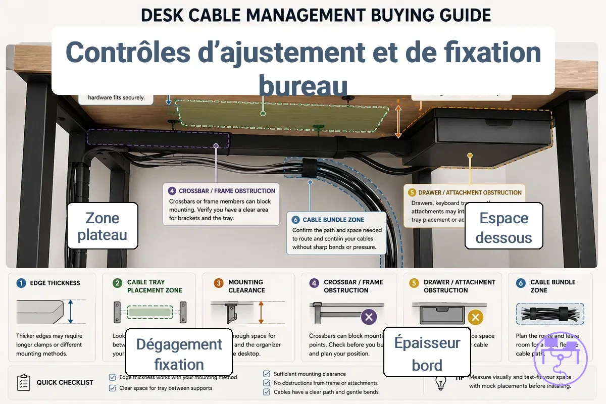 Diagramme d adaptation du bureau et des conditions de montage montrant le dégagement sous le bureau, l épaisseur du bord et l emplacement du plateau de câbles.