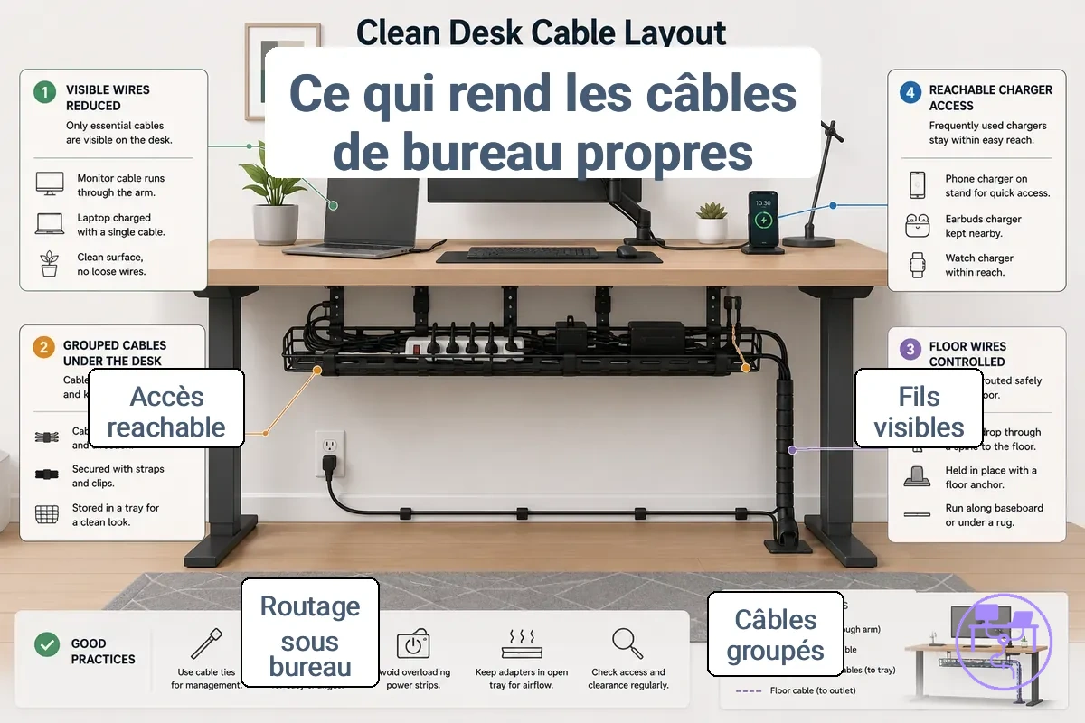 Agencement de câbles de bureau avec un cheminement organisé et des connexions accessibles