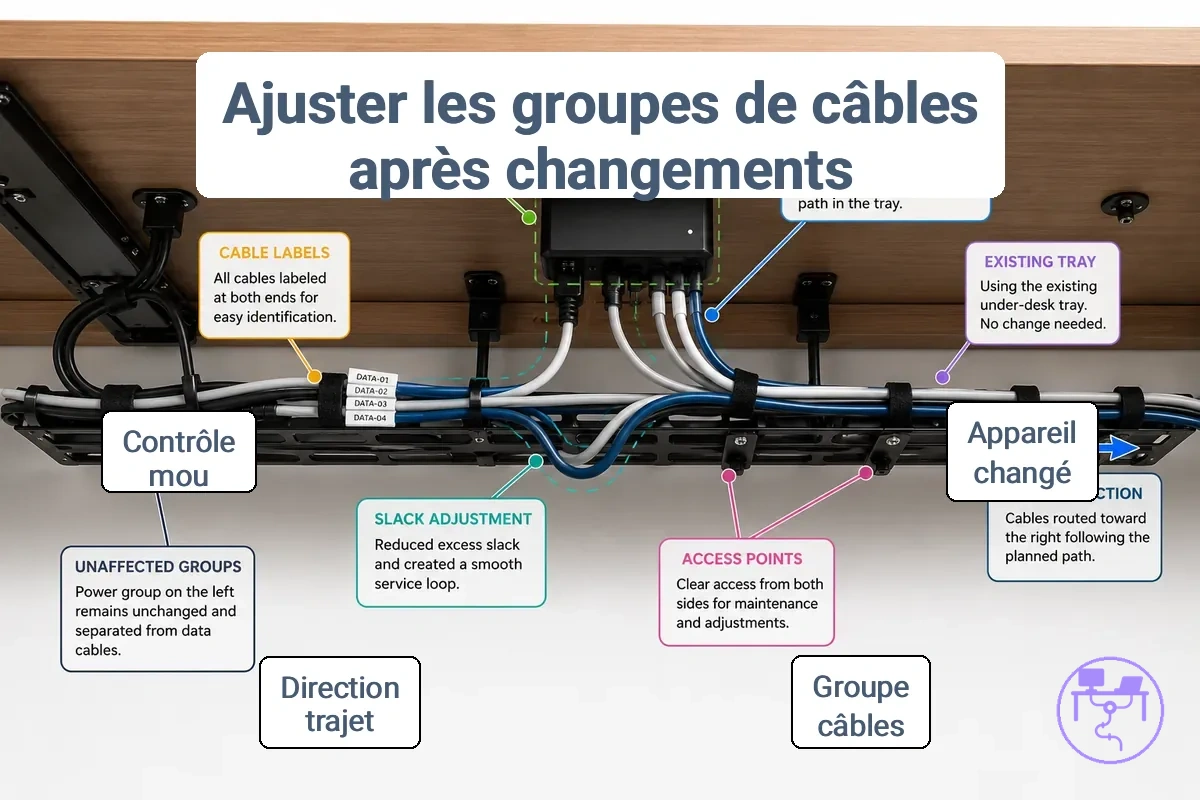 Ajustement du système de gestion des câbles de bureau après un changement d'appareil montrant le groupe de câbles modifié, le chemin de câbles existant, les étiquettes, la réserve de câble et la direction du cheminement