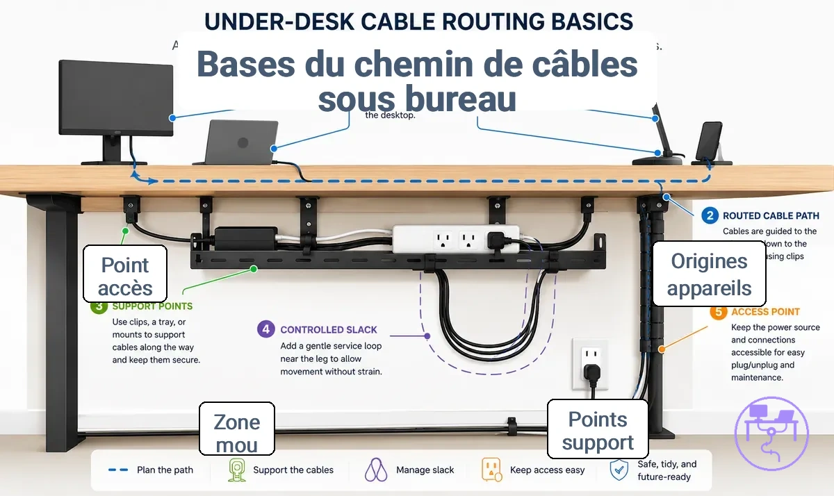 Bases acheminement cables sous bureau