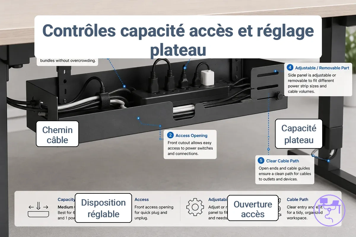 Plateau sous bureau montrant la capacité des câbles, l ouverture d accès et un espace de gestion des câbles réglable.