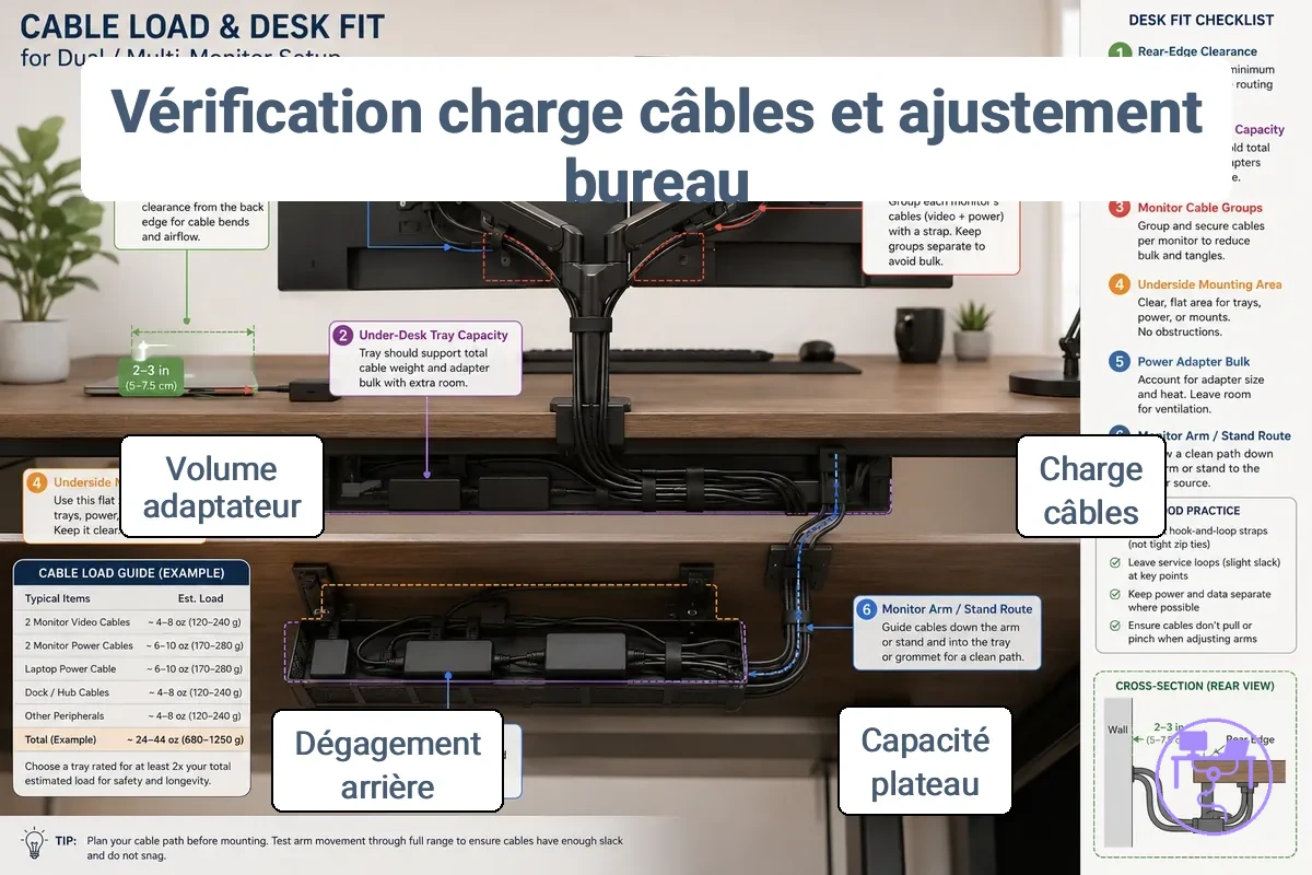 Vérification de la charge de câbles et de l'adaptation au bureau pour deux écrans montrant la capacité du plateau sous bureau, le dégagement du bord arrière et les câbles d'écran groupés