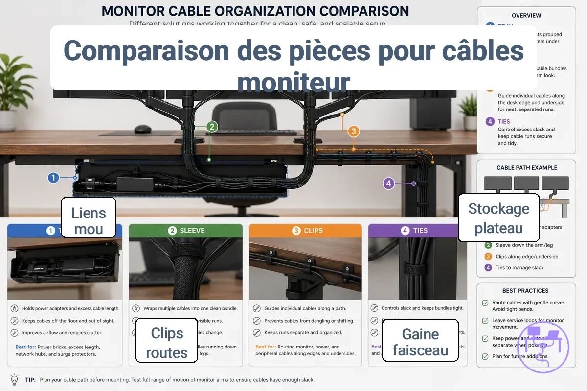 Plateaux, gaines, clips et attaches utilisés pour la gestion des câbles d'écran avec câbles groupés, contrôle du faisceau visible et chemins de câbles séparés