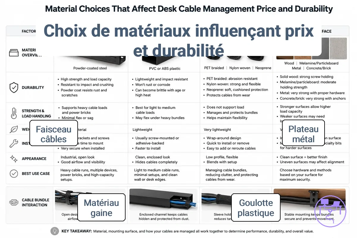 Choix de matériaux pour la gestion des câbles de bureau montrant un plateau métallique, une goulotte en plastique et un manchon
