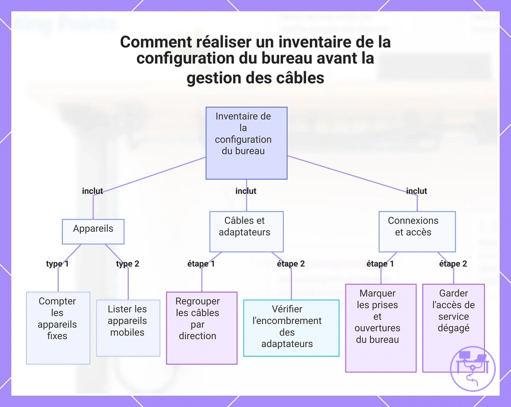 Comment réaliser un inventaire de la configuration du bureau avant la gestion des câbles