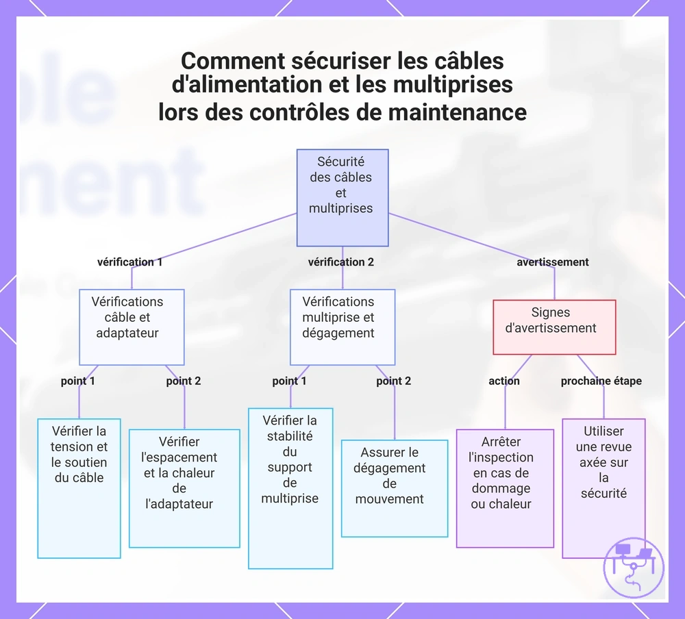 Comment sécuriser les câbles d'alimentation et les multiprises lors des contrôles de maintenance