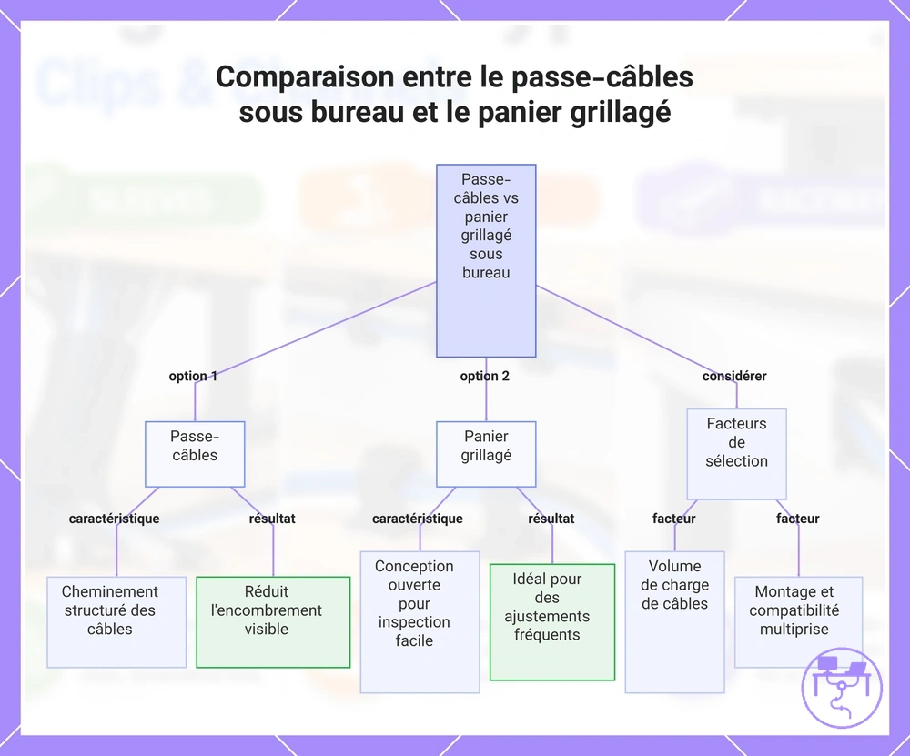 Comparaison entre le passe-câbles sous bureau et le panier grillagé