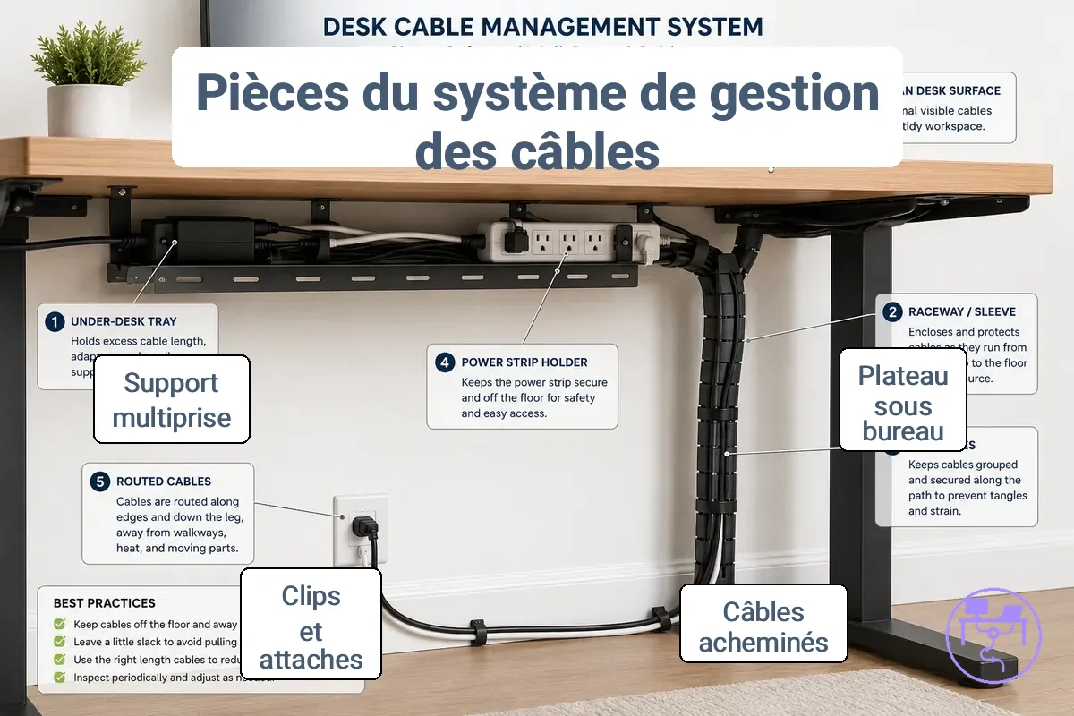 Pièces principales à l'intérieur d'un système de gestion des câbles de bureau sous un poste de travail.