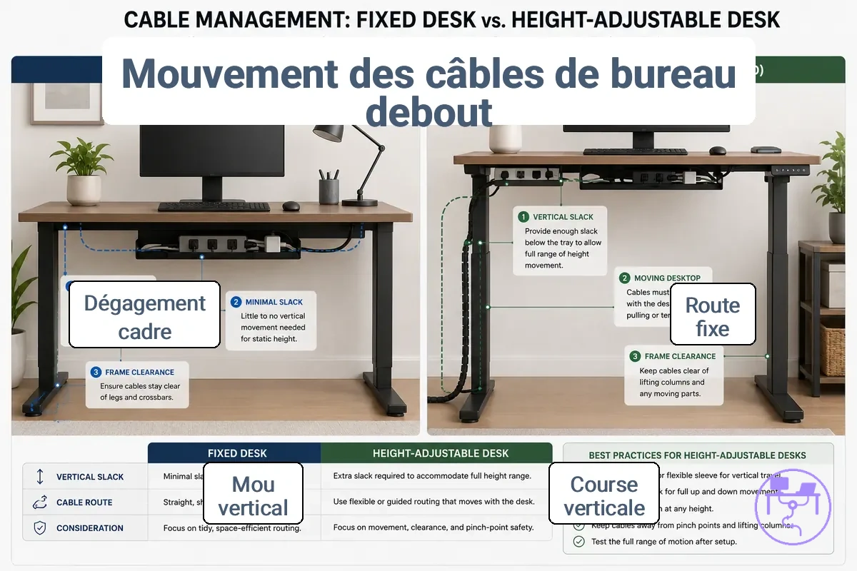 Difference gestion cables bureau reglable
