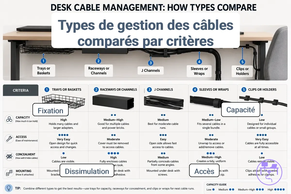 Differences types gestion cables capacite acces dissimulation montage