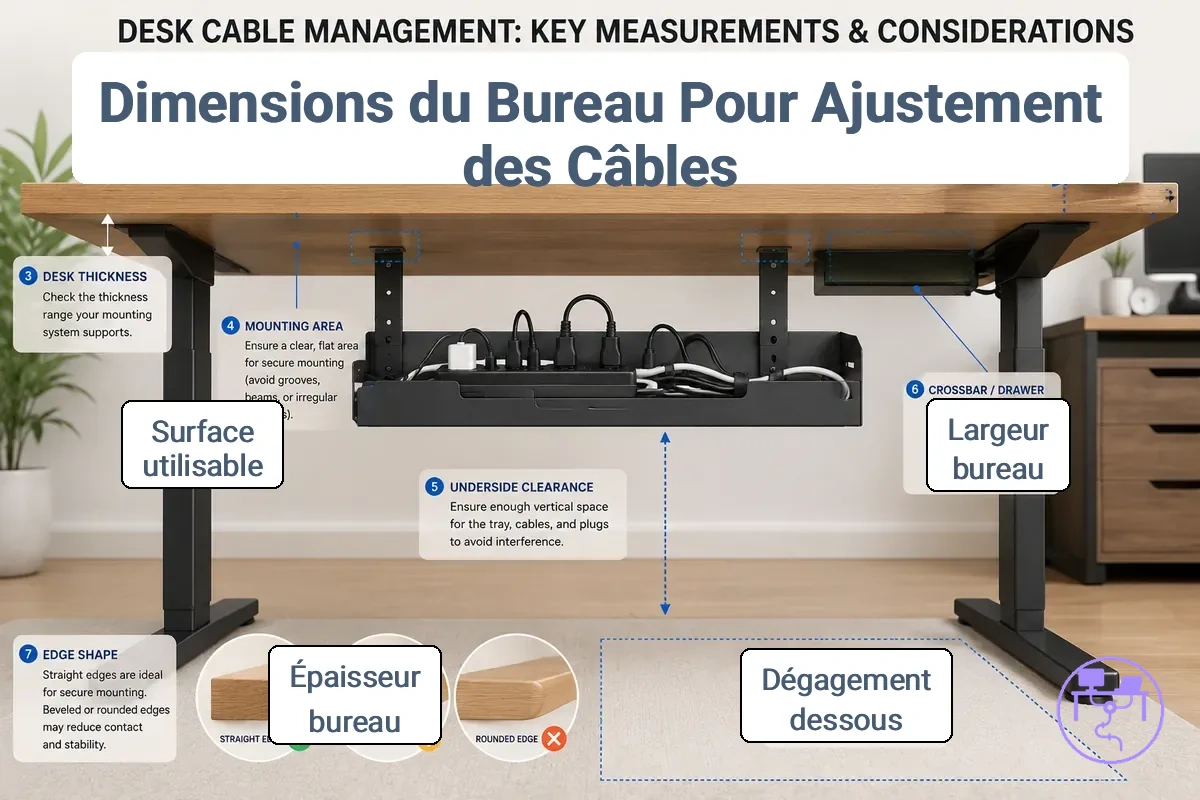 Mesures du bureau et zone de fixation influençant la compatibilité du système de gestion des câbles