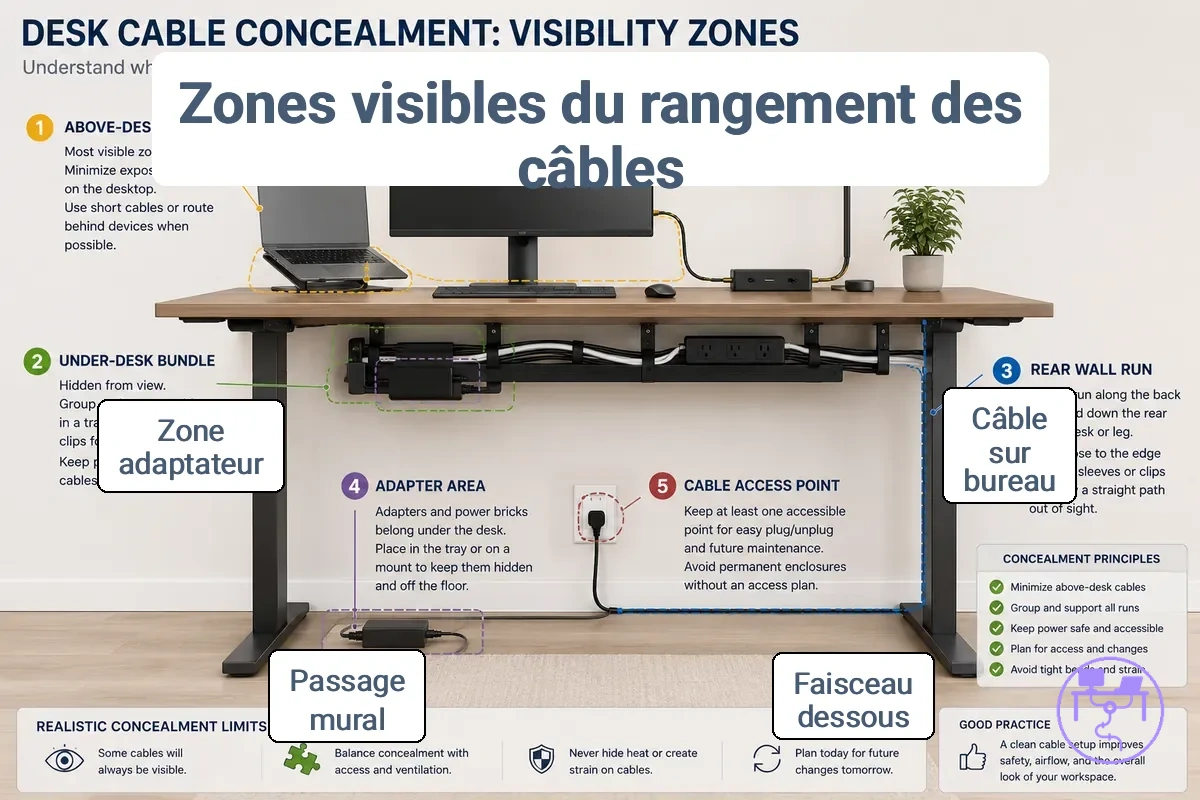 Zones de visibilité annotées pour la dissimulation des câbles de bureau