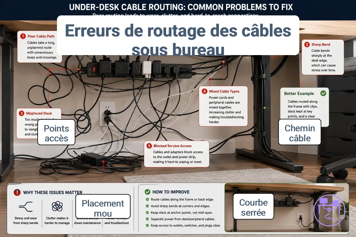 Problèmes d acheminement des câbles sous le bureau montrant des chemins de câbles et des problèmes de mou