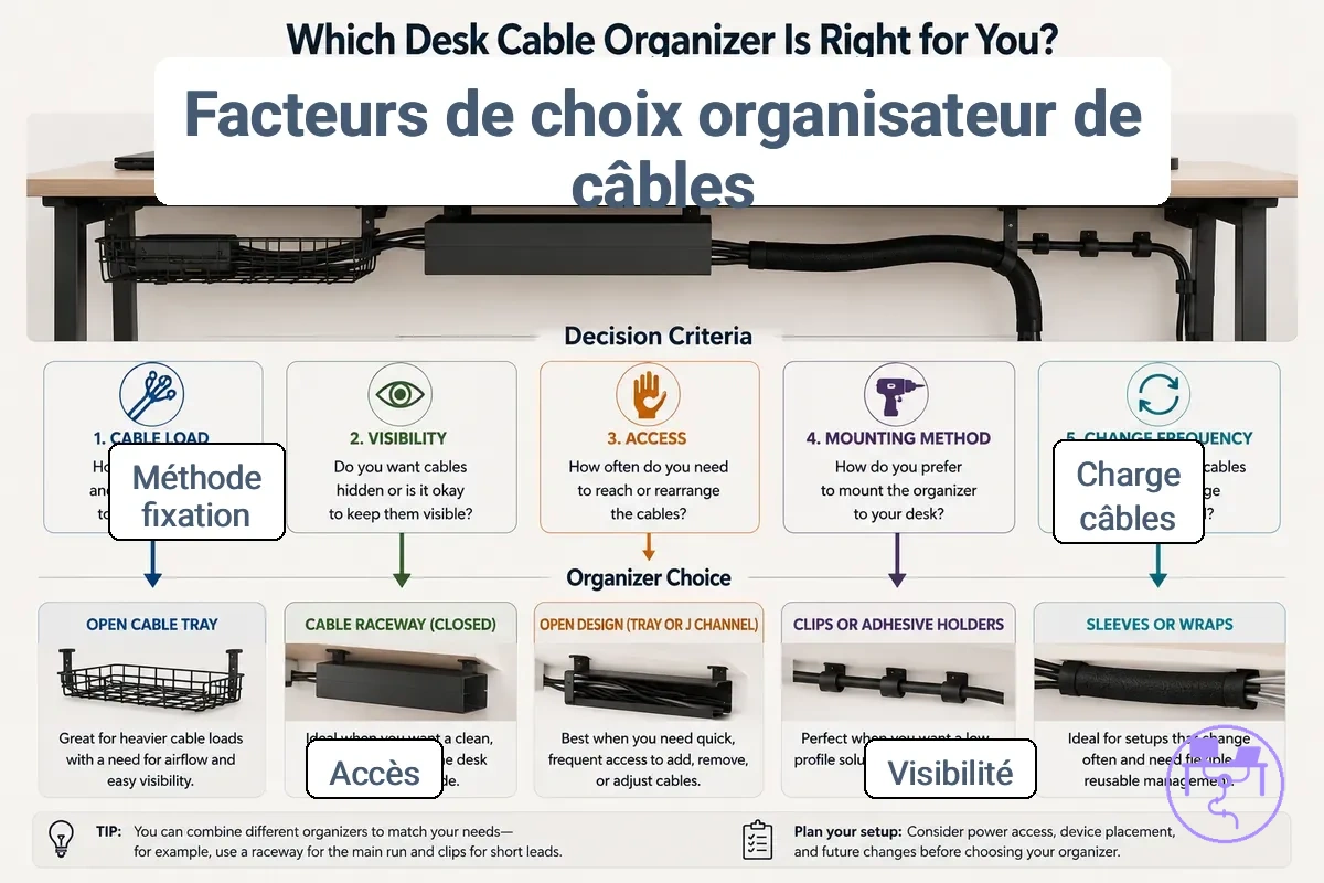 facteurs de comparaison qui changent le meilleur choix d organisateur de câbles pour bureau montrés avec des détails d organisateur de câbles de bureau étiquetés