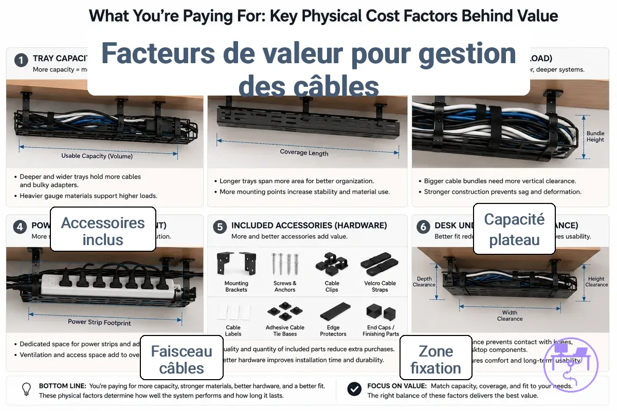 Facteurs de coût d’un système de gestion des câbles de bureau illustrés par la charge de câbles, la méthode de montage, la capacité du plateau et les accessoires