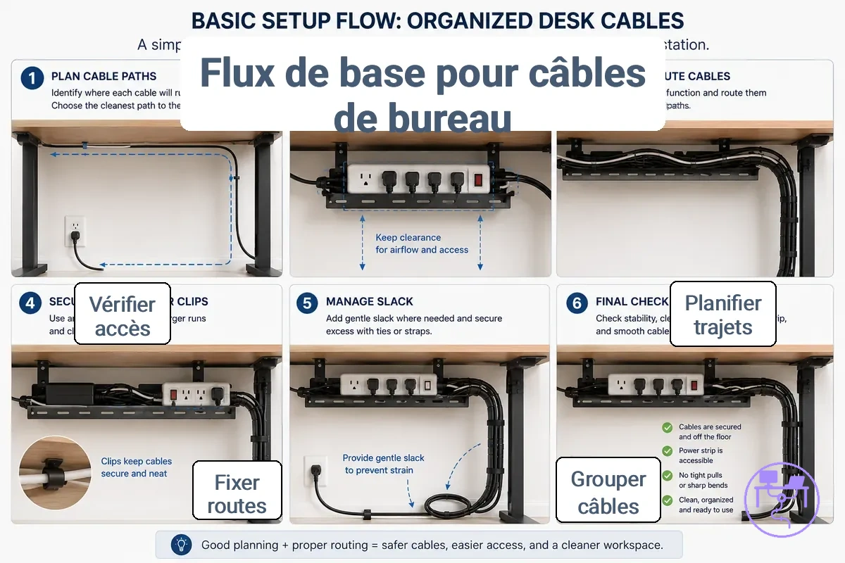 Flux de configuration de base montrant des câbles de bureau regroupés et acheminés sous un poste de travail.