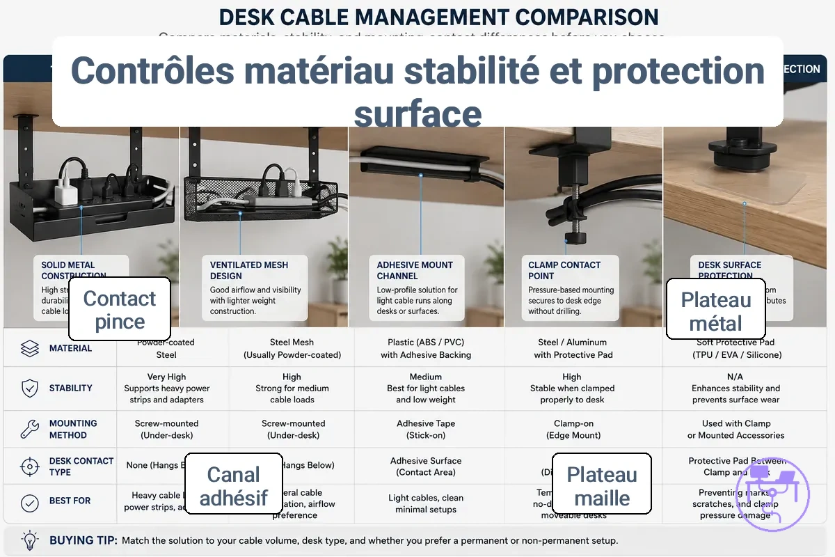 Comparaison des matériaux de gestion des câbles de bureau et des points de contact de montage pour la stabilité et la protection de la surface.