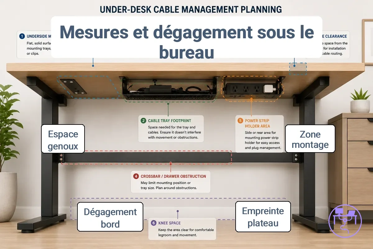 Mesures du dessous du bureau et vérifications du dégagement montrant la zone de montage, l empreinte du plateau, le dégagement des bords et les obstructions