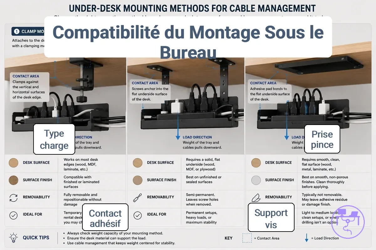 Comparaison des méthodes de fixation par serrage, vis et adhésif sous un bureau