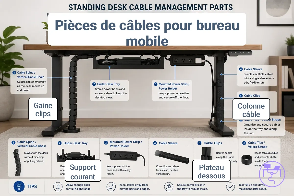 Pièces de gestion des câbles pour bureau réglable incluant colonne, plateau, gaine et clips
