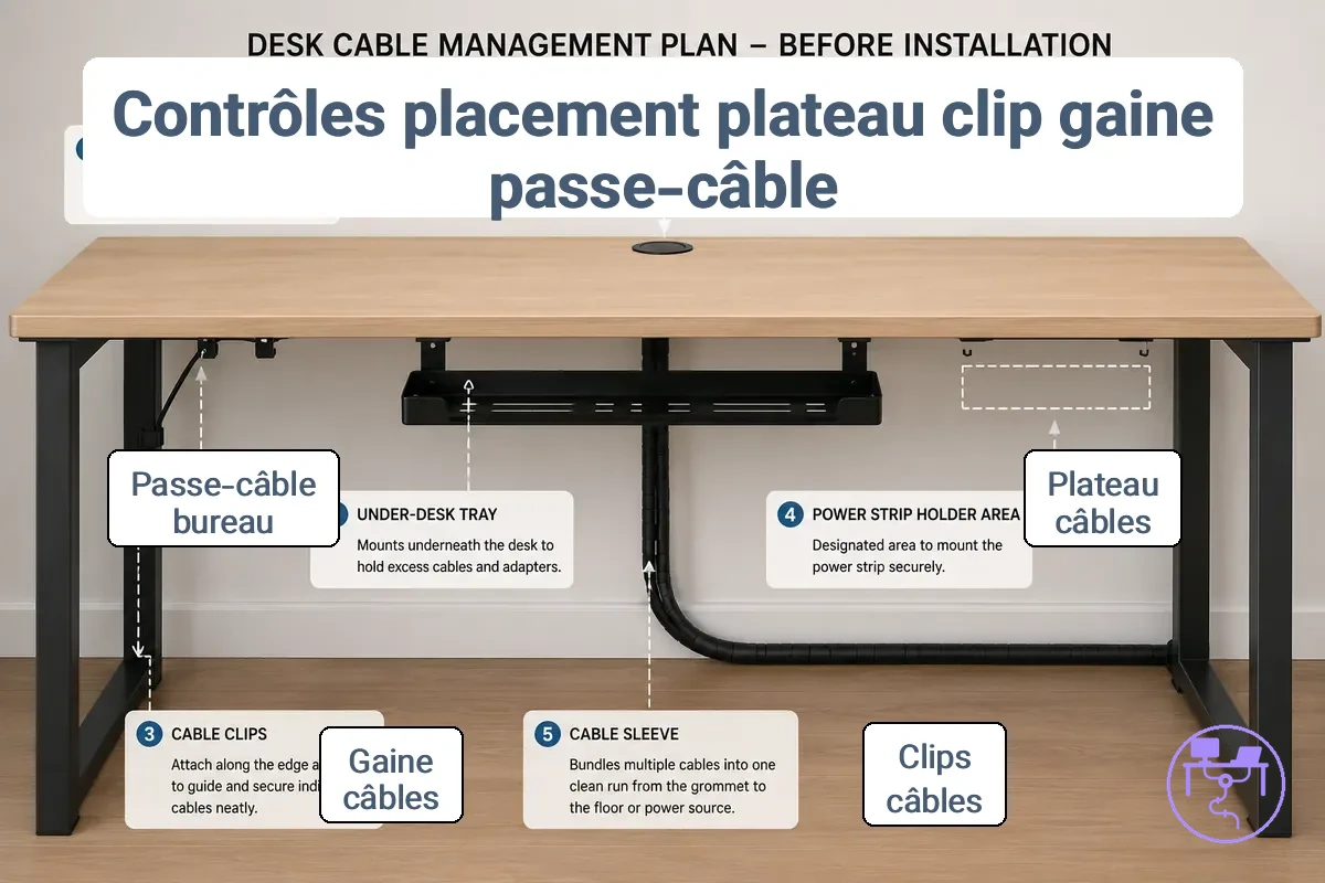 Vérifications du placement du plateau, du clip, du manchon et du passe-fil montrant les éléments de gestion des câbles positionnés sous et autour d un bureau