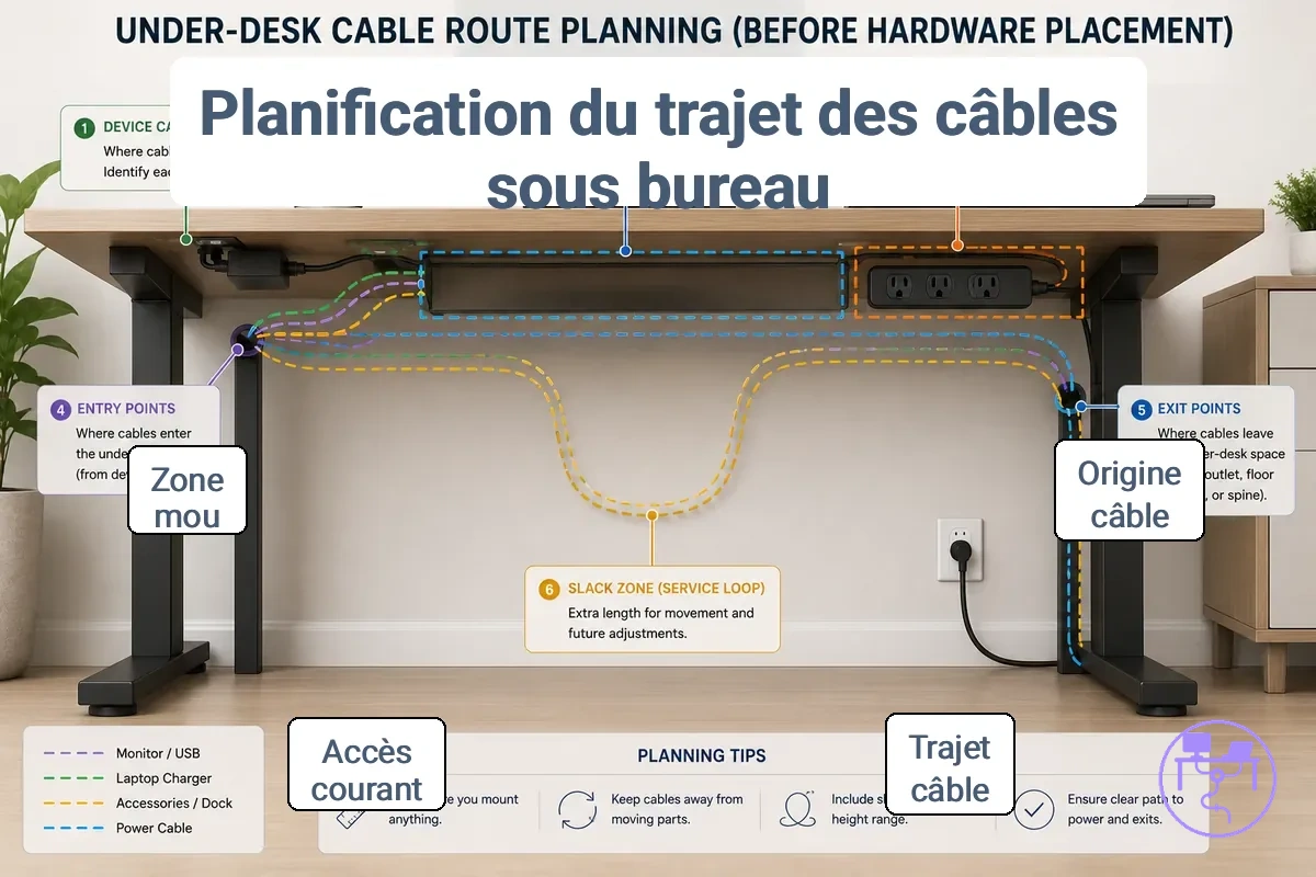 Planification du cheminement des câbles sous le bureau montrant les origines des câbles, le trajet, la zone de la multiprise, les points de sortie et le mou