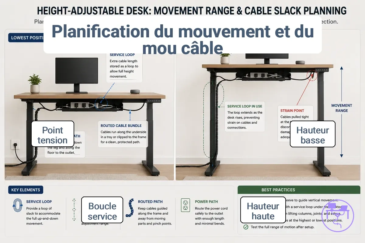 Schéma du mou de câble pour bureau réglable montrant les hauteurs assise et debout