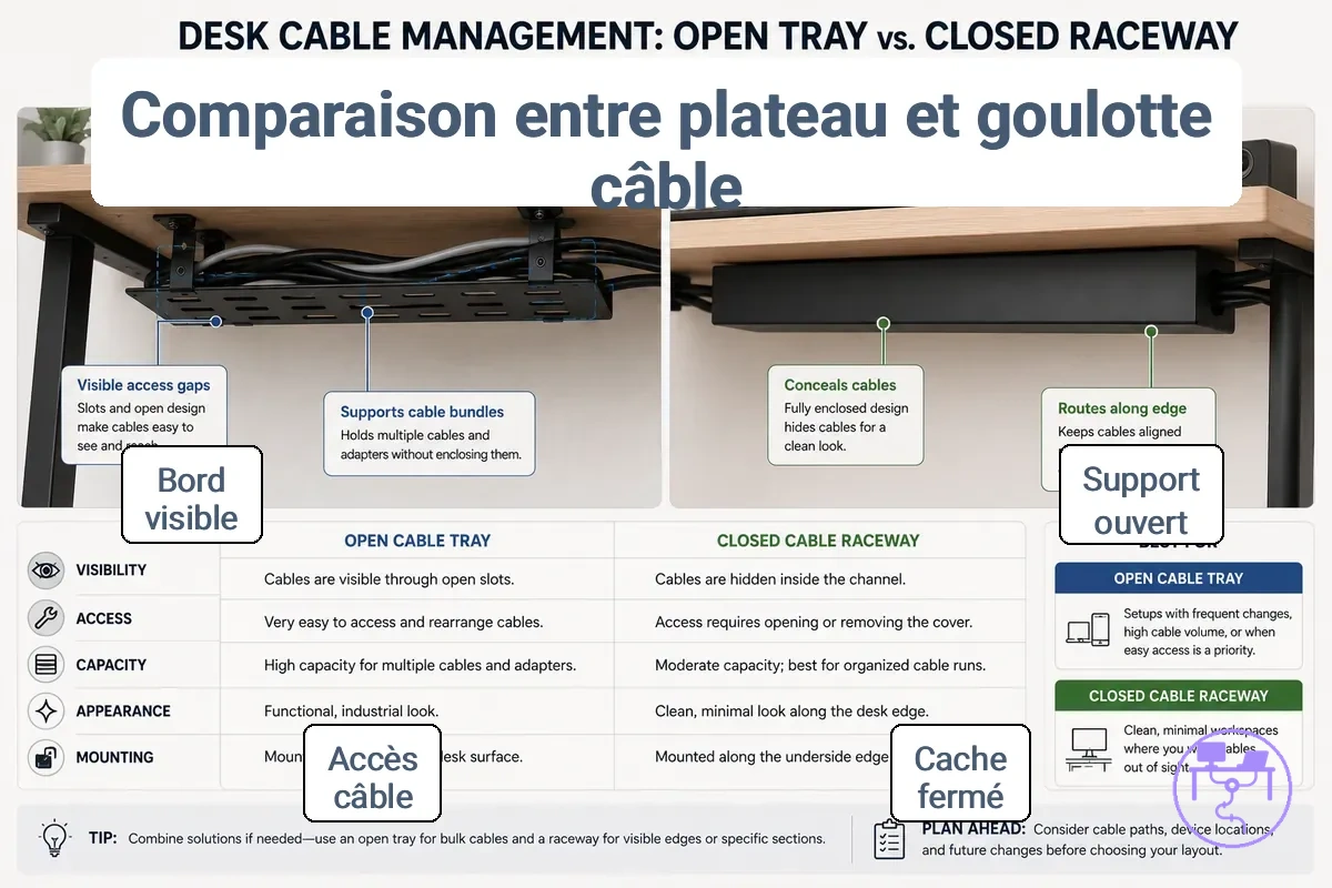 Plateau à câbles vs goulotte pour support ouvert et dissimulation fermée montré avec des détails d organisateur de câbles de bureau étiquetés